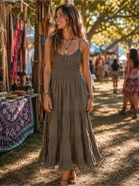 Unknown Brand Brown Cotton Boho Raw Edges Tiered Maxi Dress Size Juniors S